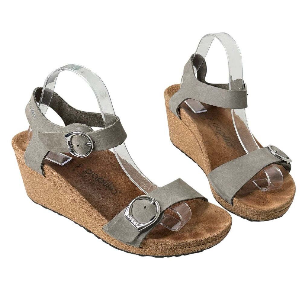 Birkenstock Papillio Soley Wedge Sandals 41 US 10–10.5 Gray Leather Ring Buckle